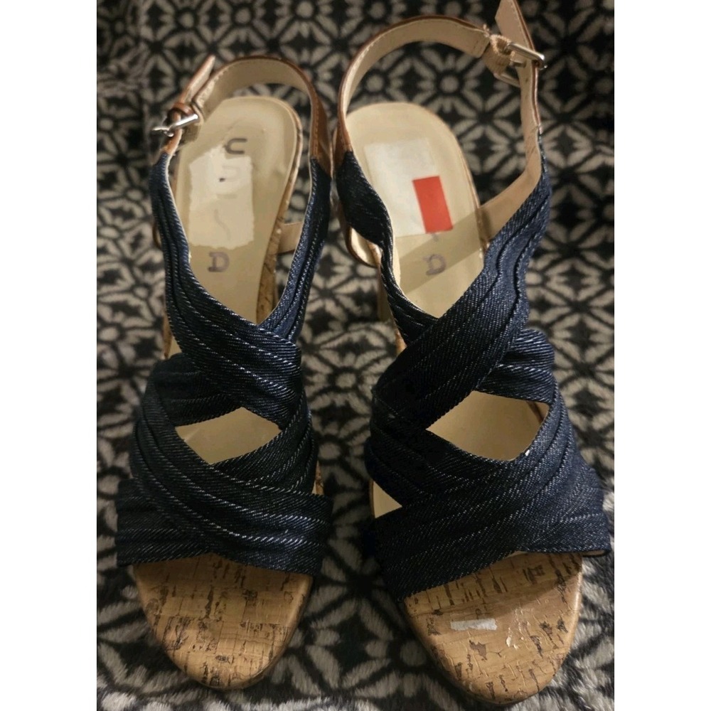 Unisa Women's Denim Cork Slingback Heels Sandals Size 8.5M Crisscross Straps Tan - Picture 2 of 7